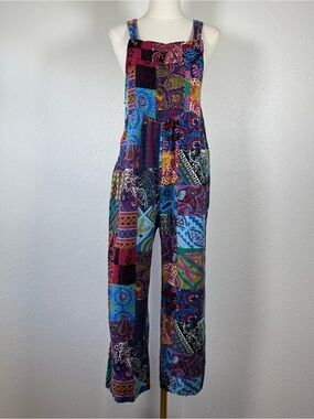 Boho Patchwork Paisley Overalls Jumpsuit Wide Leg Colorful Hippie Festival Large